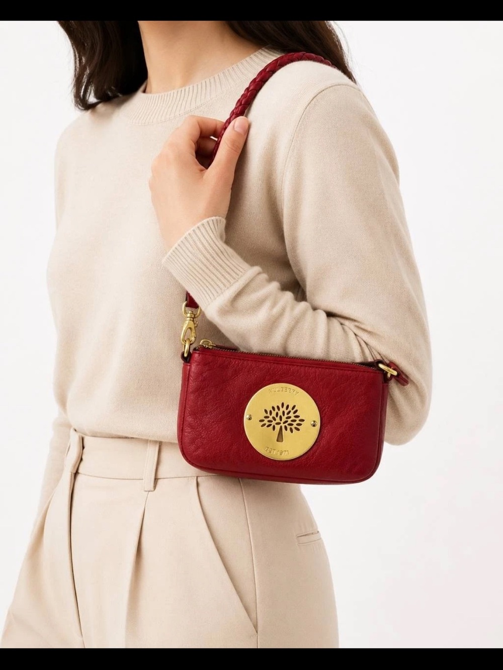 Mulberry Red Leather Shoulder Pouch with Gold Tree Medallion